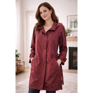 FS Rainwear Burgundy Hooded Long Coat Size L Vintage 90s Fleece Lined